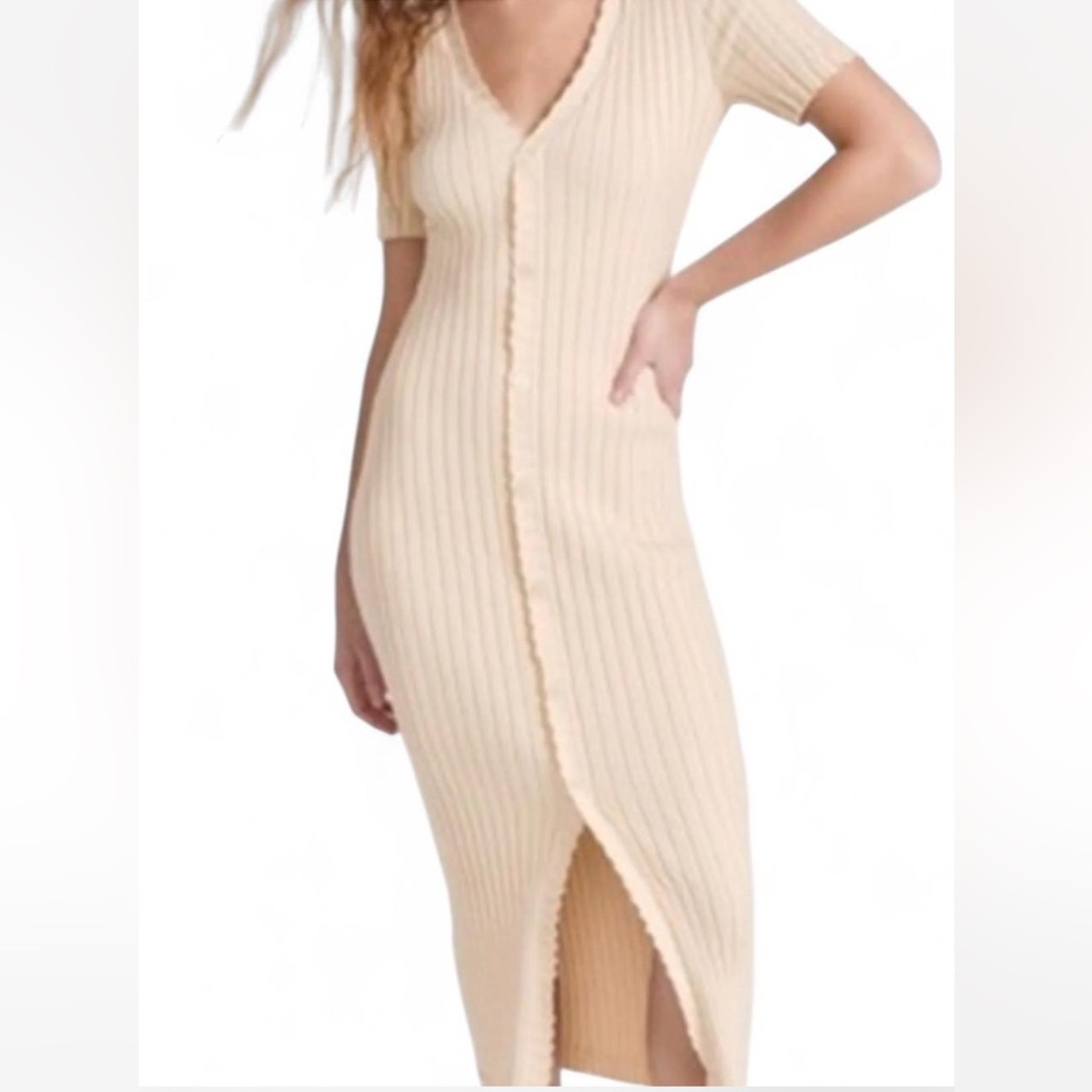English Factory Ribbed V-Neck Midi Dress in Cream
